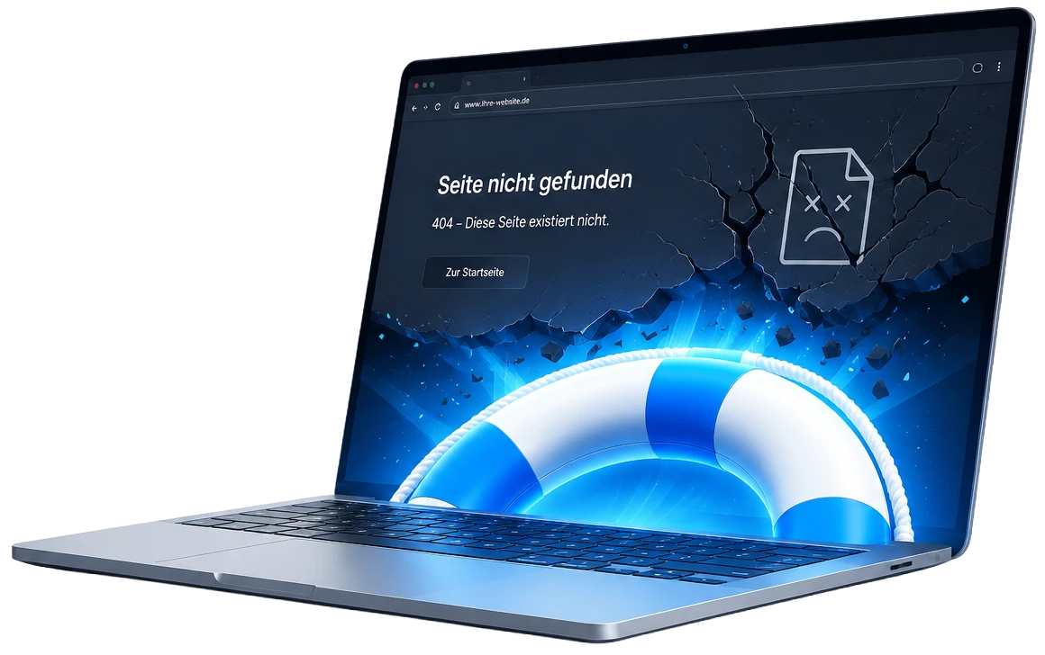 Laptop zeigt eine nicht erreichbare Website mit Fehlermeldung und Rettungsring